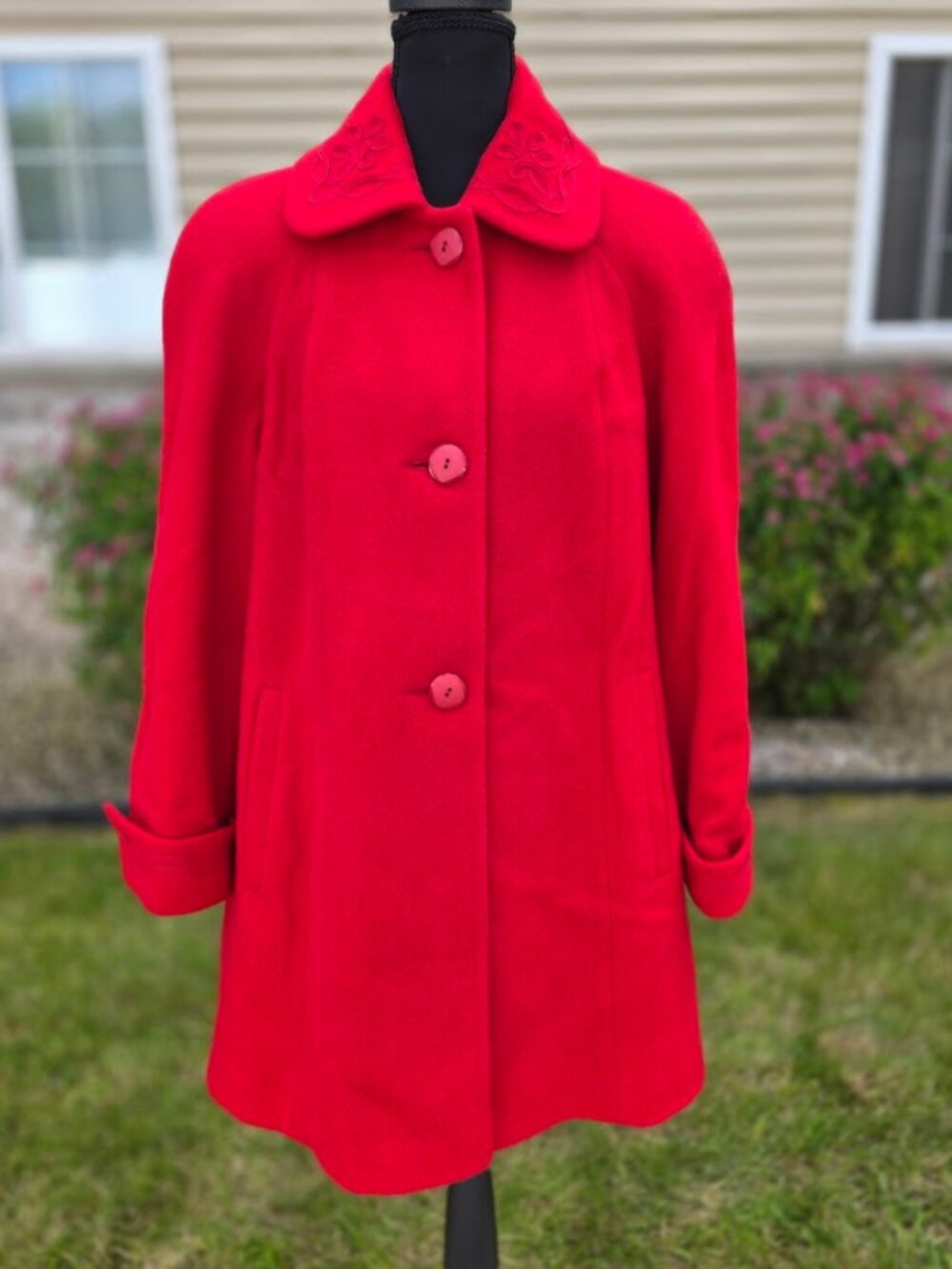 Vintage 80s Alorna Red Wool Petite Soutache Coat
